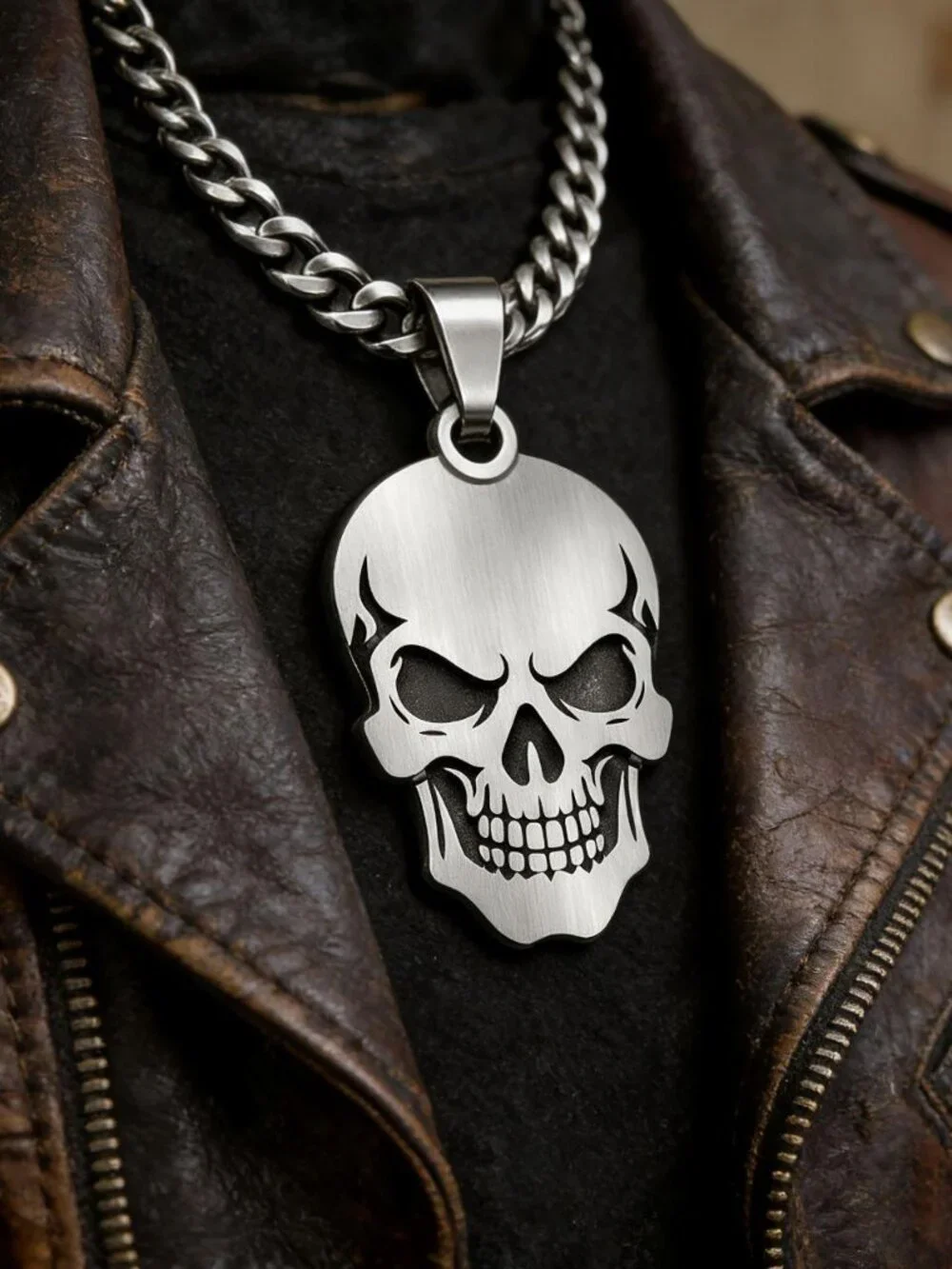 Mens stainless steel hip hop skull necklace punk rock gothic